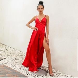 Red silk satin slit dress medium spaghetti strap